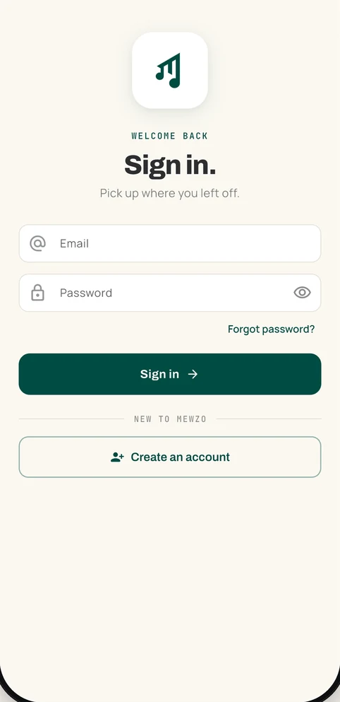 Mewzo app — Pick up where you left off